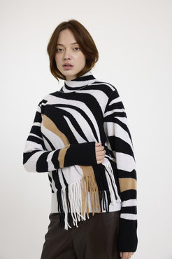 BRODIE FINE CASHMERE ZEBRA FRINGE MOCK